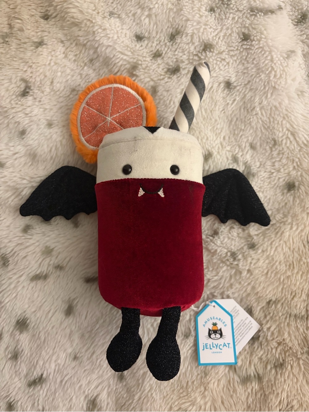 Jellycat Red and Black Vampire Juice Plush with Orange Slice